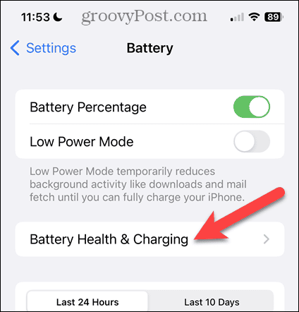 Toque em Bateria e carregamento na tela da bateria do iPhone