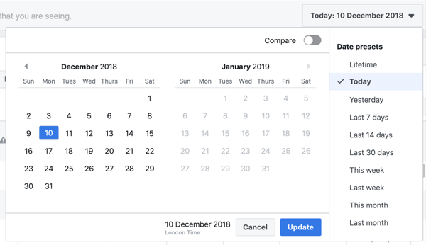 Opção de definir o intervalo de datas para seu relatório de compra e ROAS do Facebook Ads Manager.
