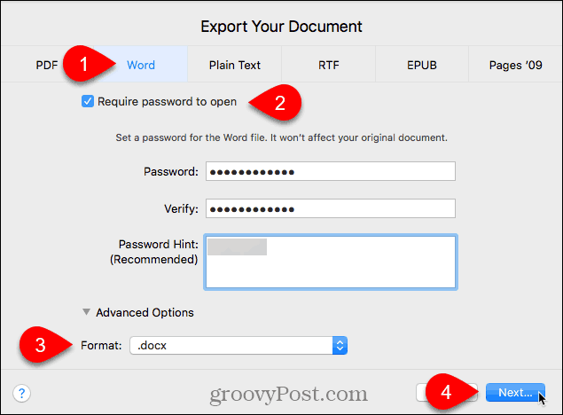 Caixa de diálogo Exportar seu documento no Pages for Mac