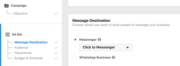 Anúncios Click to Messenger do Facebook, etapa 1.