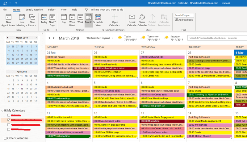 Estratégia de marketing de mídia social; Captura de tela de nosso calendário do Outlook para mostrar como planejamos cada ação de implementação para garantir que seja realizada.