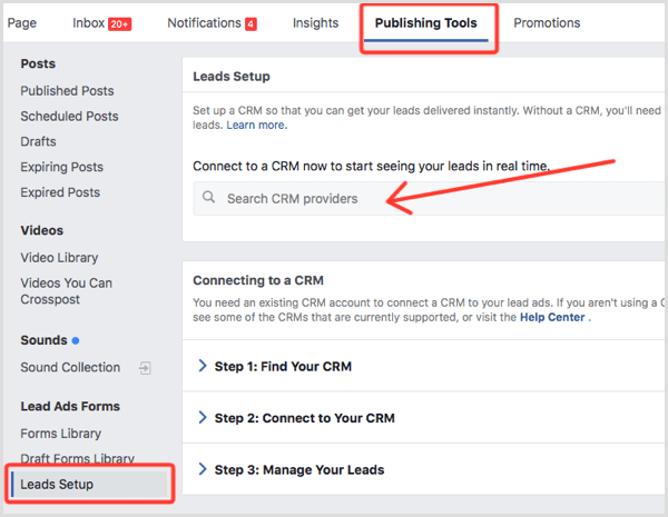 CRM de configuração de anúncios de leads do Facebook