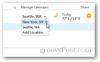 Excursão meteorológica do calendário do Outlook 2013 - Adicionar Remover Cidades