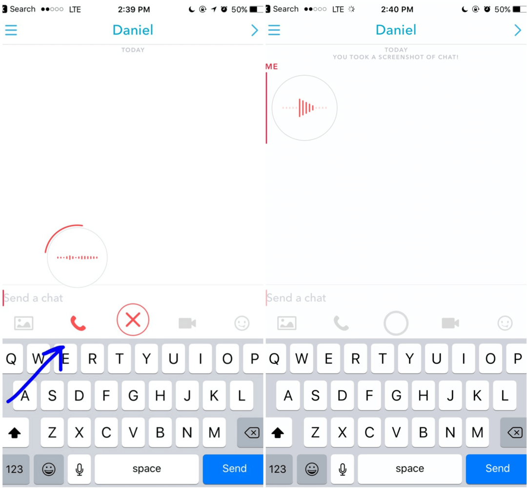 No Snapchat, mantenha pressionado o ícone do telefone para gravar uma mensagem de voz que seu cliente verá na próxima vez que fizer login.