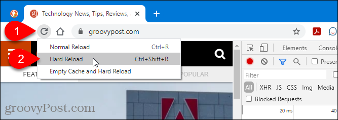 Opções de recarregamento no Chrome