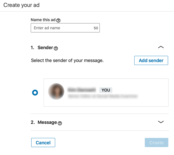 Como criar um anúncio InMail patrocinado com base em objetivos no LinkedIn, etapa 3, definir o nome do anúncio e o remetente