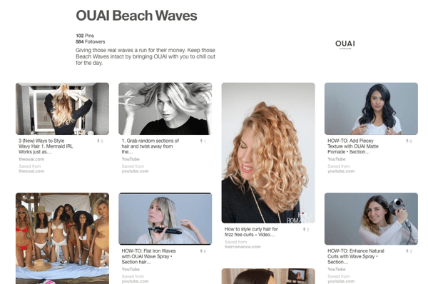 Exemplo de um painel de tutorial no Pinterest apresentando produtos OUAI.