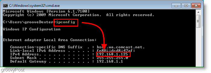 Captura de tela - Executar IPConfig na janela de comando do Windows