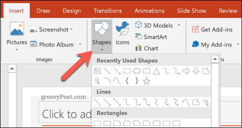 Inserindo uma forma em uma apresentação do PowerPoint