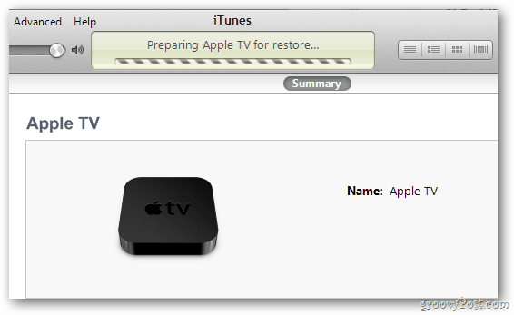 Progresso da restauração do Apple TV