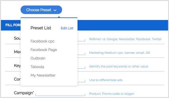 Predefinições de extensão do Google URL Builder Chrome
