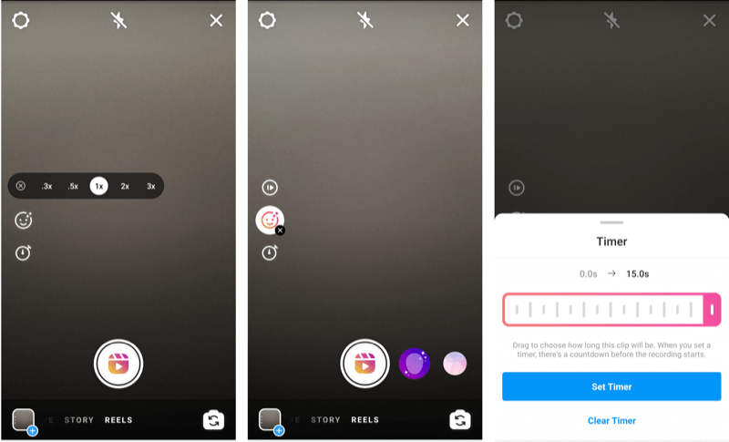 capturas de tela mostrando a opção e as configurações do temporizador dos rolos do instagram 