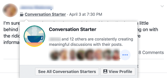 Como melhorar sua comunidade de grupo no Facebook, exemplo do emblema do grupo do Facebook 'Conversation Starter' ao lado do nome dos membros do grupo e o pop-up identificando outros membros do grupo que compartilham esse emblema