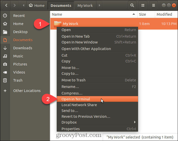 Selecione Abrir no Terminal no Ubuntu Linux