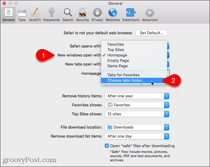 Selecione a pasta Escolher guias para Novas janelas abertas com a configuração no Safari no Mac