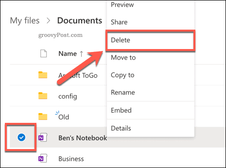 Excluir bloco de anotações do OneNote