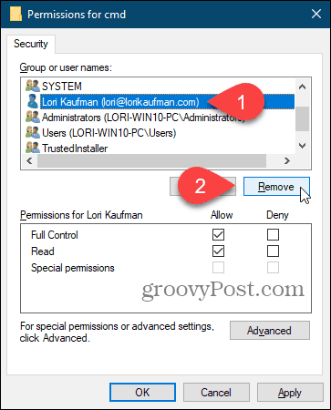 Remova um usuário na caixa de diálogo Permissões no Registro do Windows