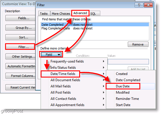 Captura de tela: Filtro de configuração da barra de tarefas pendentes do Outlook 2007
