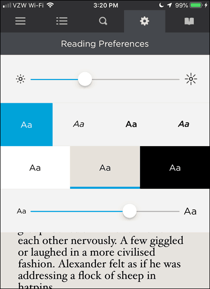 Preferências de leitura no BookFusion para iOS