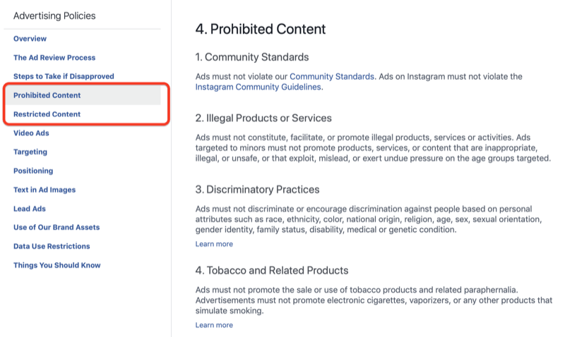 Seção de conteúdo proibido das políticas de publicidade do Facebook
