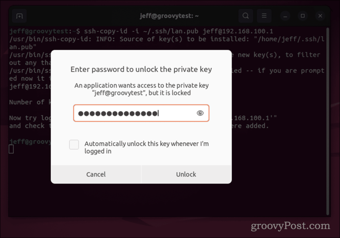 Caixa de diálogo de senha do Ubuntu para chave SSH
