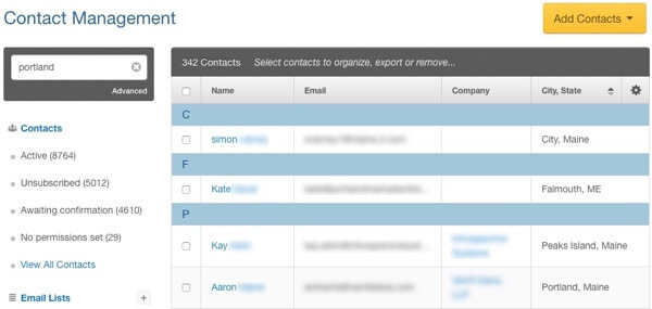 amostra de gerenciamento de contatos de lista de e-mail segmentada