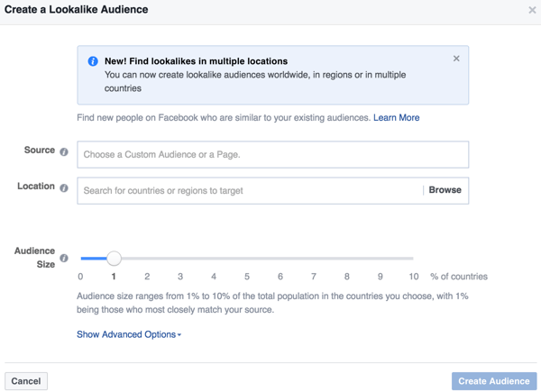 O Gerenciador de anúncios do Facebook permite que você crie um público semelhante ao de um público que já interagiu com sua empresa.