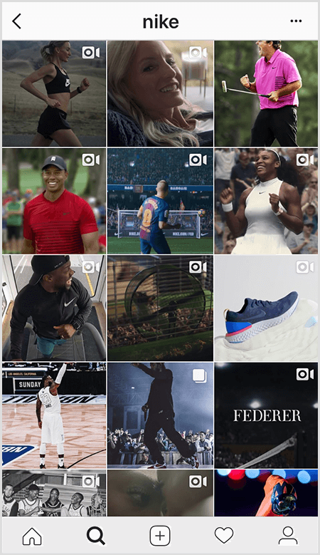 As postagens da Nike no Instagram apresentam uma grade de atletas vestindo roupas da Nike, mas poucas imagens no feed têm texto.