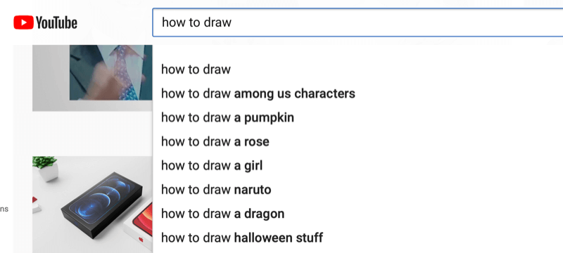exemplo de pesquisa de palavras-chave no youtube para a frase 'como desenhar'