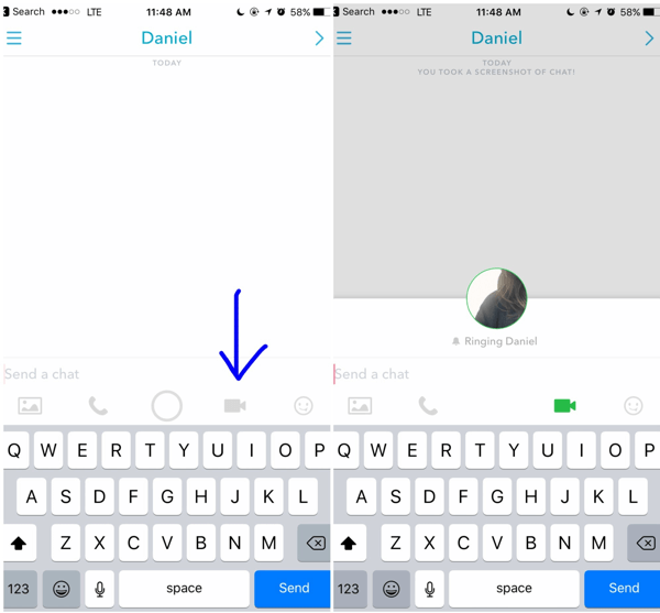 Para fazer uma chamada de vídeo Snapchat, toque no ícone de vídeo em sua conversa aberta com um cliente.