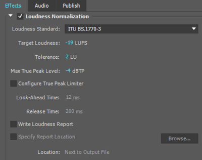 Eu uso essas configurações de normalização de volume ao exportar meu arquivo de áudio no Adobe Premiere.