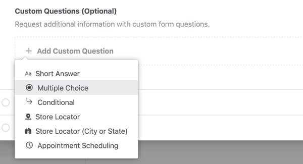 Opções de configuração do tipo de pergunta para uma campanha de anúncios de leads do Facebook.