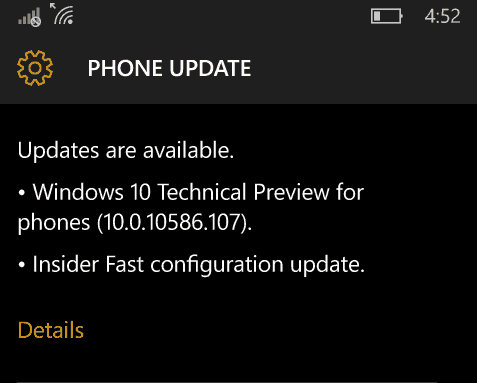 Windows 10 Mobile Insider Preview Build 10586.107 e Release Preview Ring