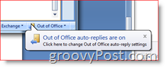 Canto inferior direito do Outlook 2007 - Lembrete de respostas automáticas de ausência temporária habilitada