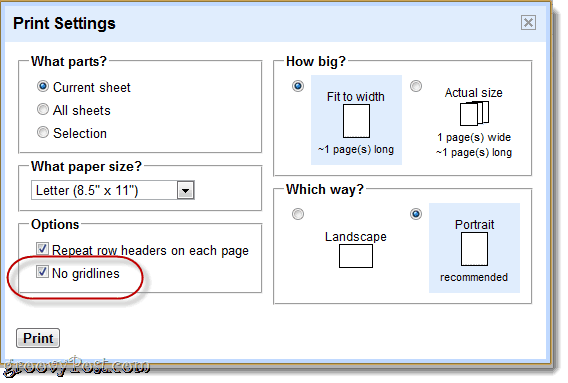 opções> sem linhas de grade para impressão no google docs