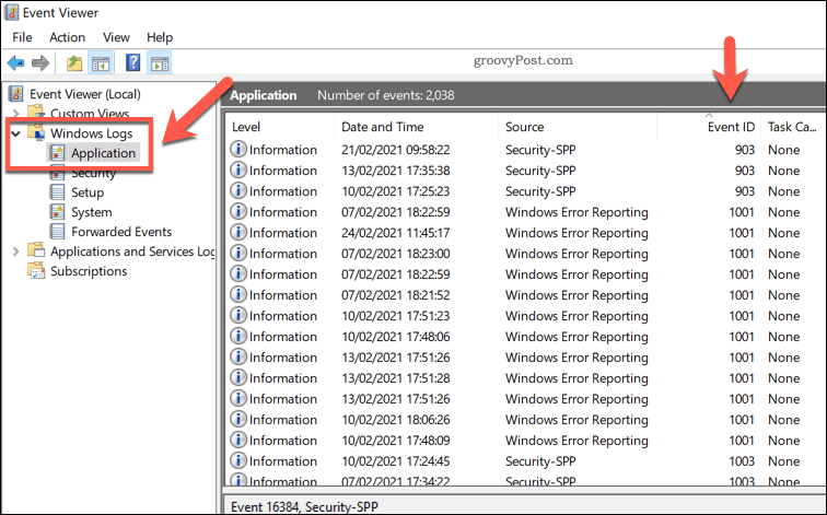 Uma lista de logs de aplicativos do Windows no Visualizador de eventos