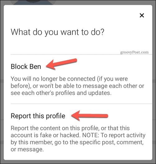 Optar por bloquear ou denunciar um usuário no LinkedIn