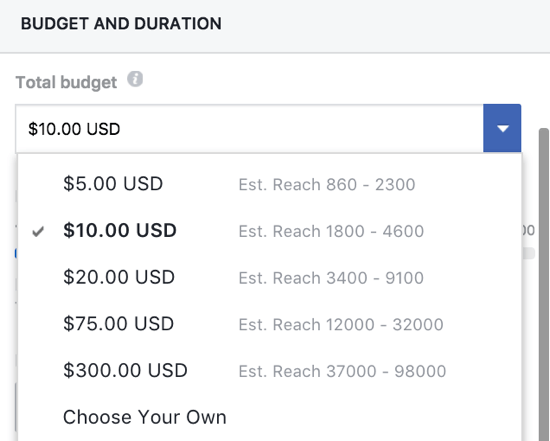Você pode definir manualmente um orçamento para sua postagem otimizada no Facebook.