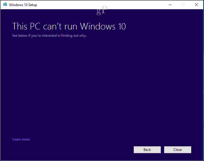instalação do Windows 10 - o PC não pode executar o Windows 10