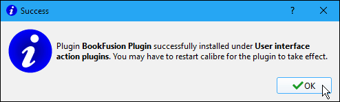 Caixa de diálogo Sucesso para adicionar um plug-in no Caliber