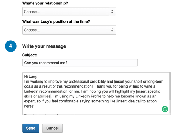 solicitação de recomendação do LinkedIn