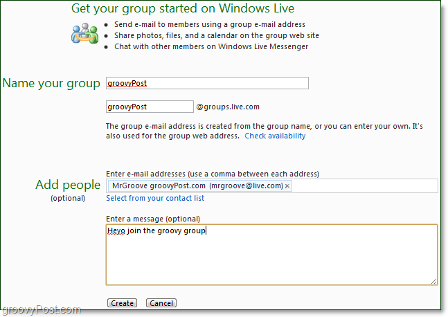 criar um grupo do windows live