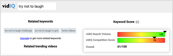 Clique na tag de um concorrente no VidIQ para ver o volume de pesquisa e a competição por essa tag.
