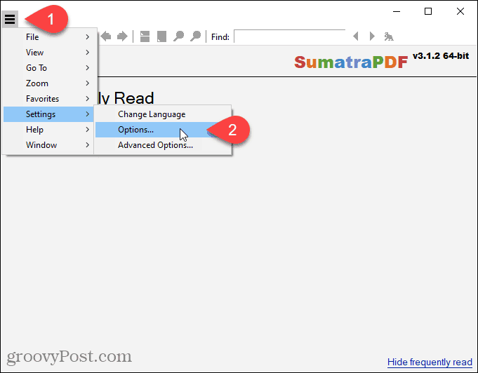 Vá para Configurações> Opções no SumatraPDF