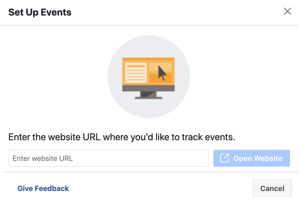 Use a ferramenta de configuração de evento do Facebook, etapa 3, insira o URL do site para instalar o evento de pixel