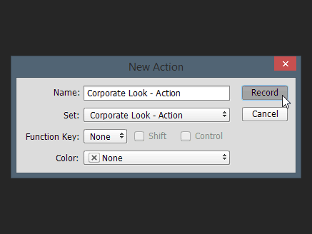 nova caixa de diálogo de ação Nome do Photoshop definir tecla de função registro de cores ação lote editar