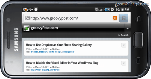 Samsung Galaxy visualização Groovypost navegador de Internet em modo paisagem