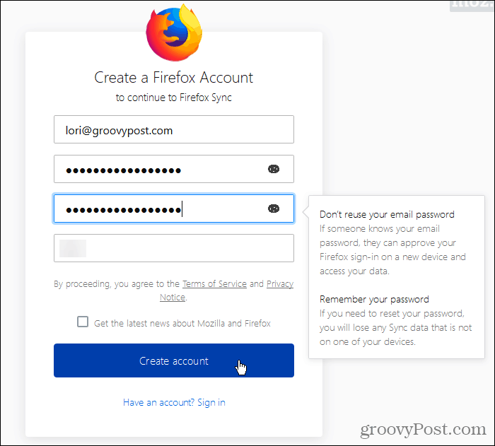Crie uma conta do Firefox Sync