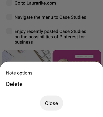 captura de tela da opção de menu da nota do painel pinterest para excluir a nota