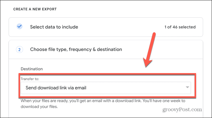 transferência do google takeout para o menu suspenso